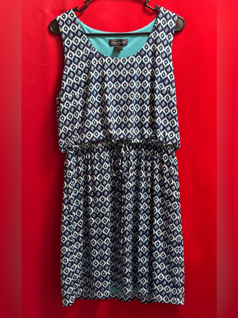 #643- Jessica Howard Blue/Aqua Geometric Sleeveless Dress Like New Cond. Sz.14